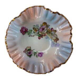 Vtg 1950s Arnat D’Art Hand Painted Floral Porcelain Bowl with Gold Ruffled Edge